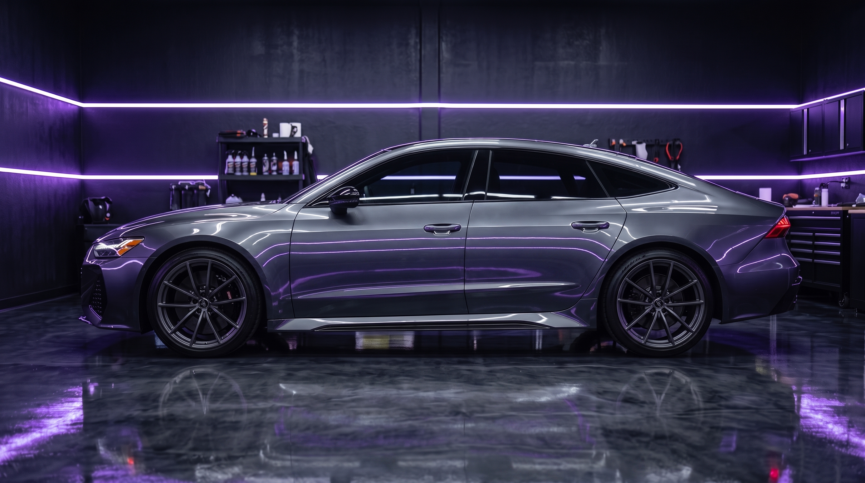 Parlak seramik kaplamalı gri spor sedan, mor neon yansımalarıyla yandan görünüm